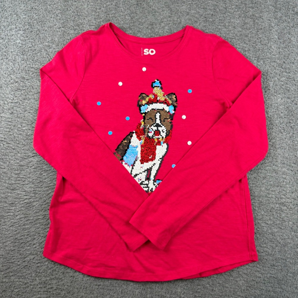 SO Flip Sequin Frenchie Tee Girls XL 14/16 Red Long Sleeve Holiday Dog Shirt